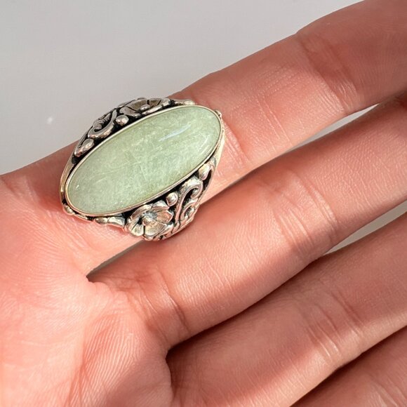 VTG Sterling Silver 925 Jade Bezel Set Scroll Shoulders Statement Ring Size 10 - Picture 7 of 10